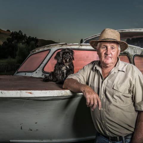 Portrait of my father-in-law, Geoffrey Mason with Muppet and boat in paddock | Gisborne NZ | Iris Awards 2016 | Portrait Classic Category | Bronze