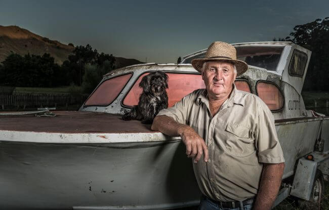 Portrait of my father-in-law, Geoffrey Mason with Muppet and boat in paddock | Gisborne NZ | Iris Awards 2016 | Portrait Classic Category | Bronze